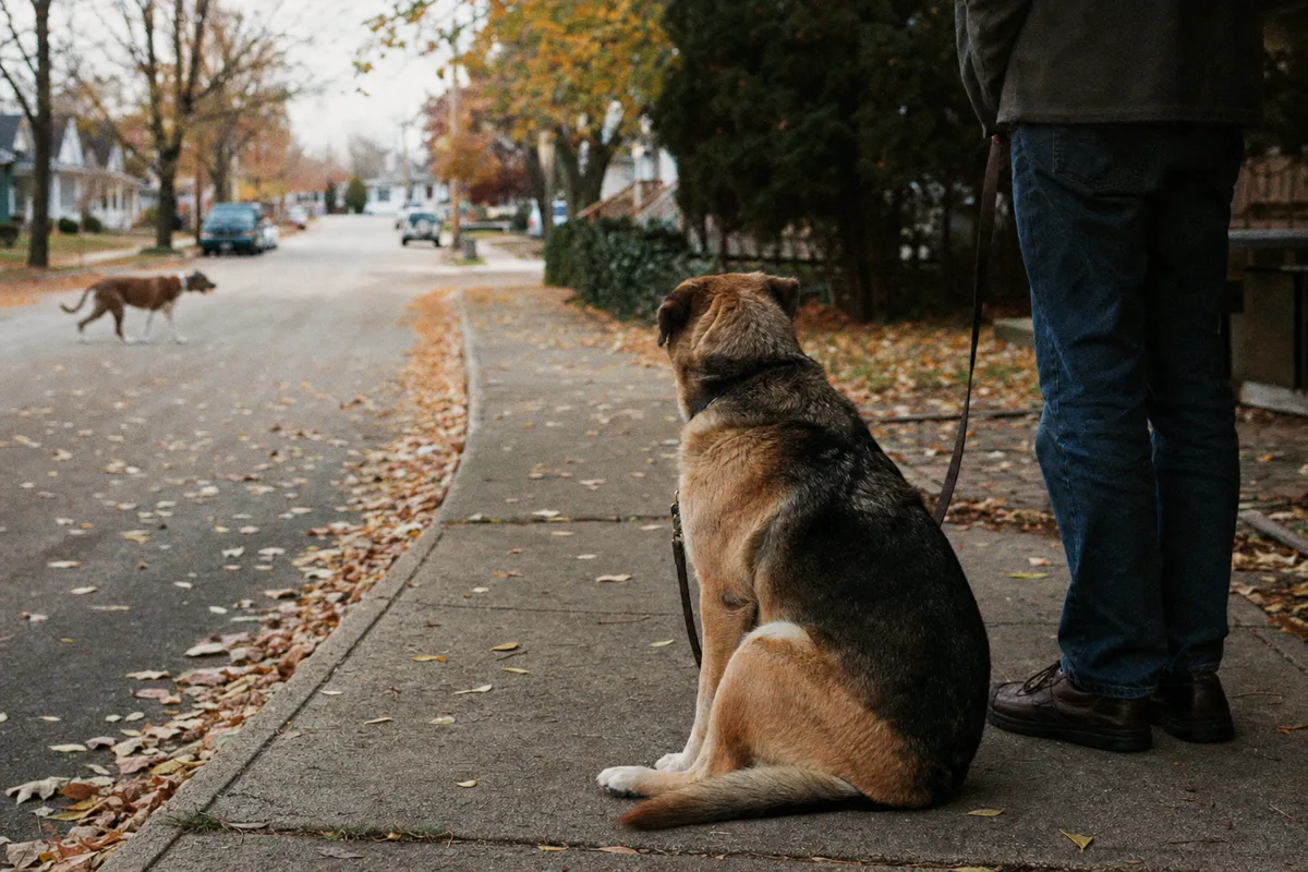 A large mixed-breed dog sitting calmly on a leash beside its owner as another dog passes down the street.
