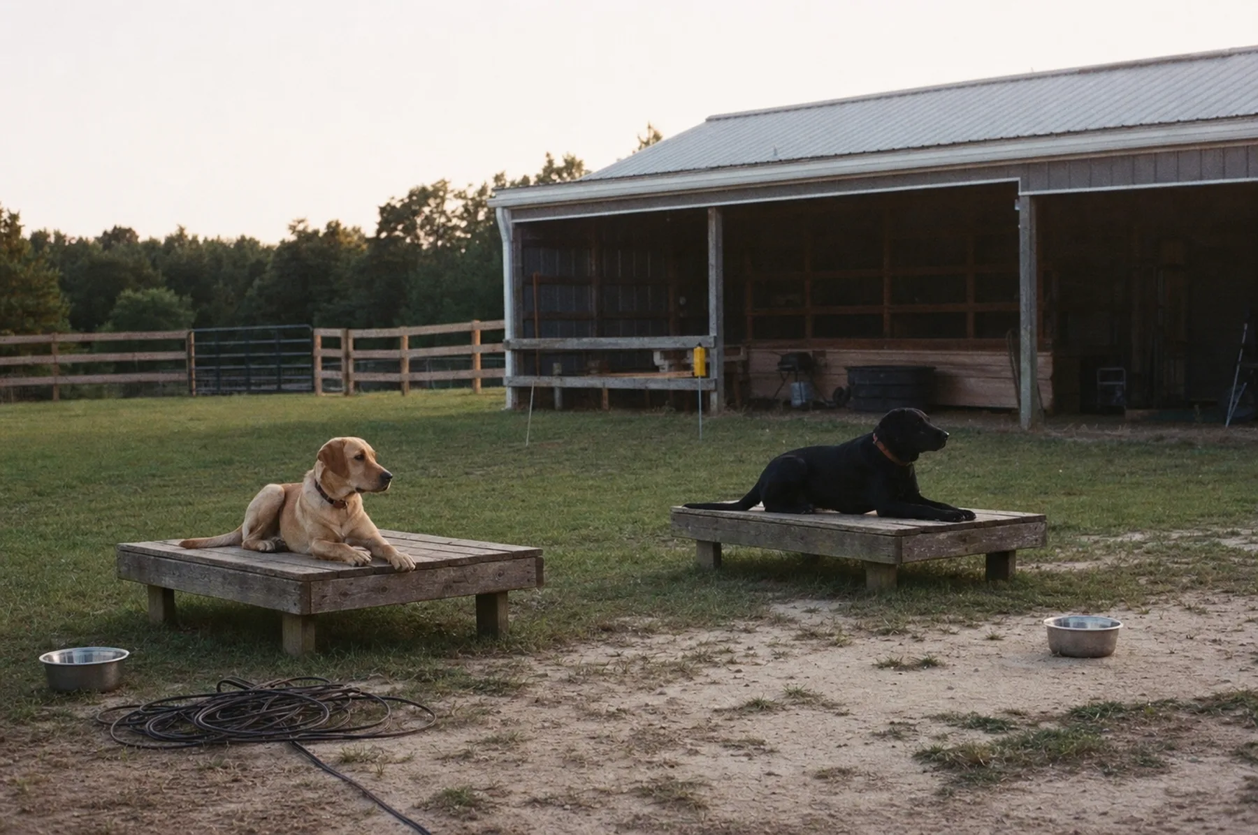 Two dogs holding a place command on raised wooden platforms in a fenced training yard beside a barn.