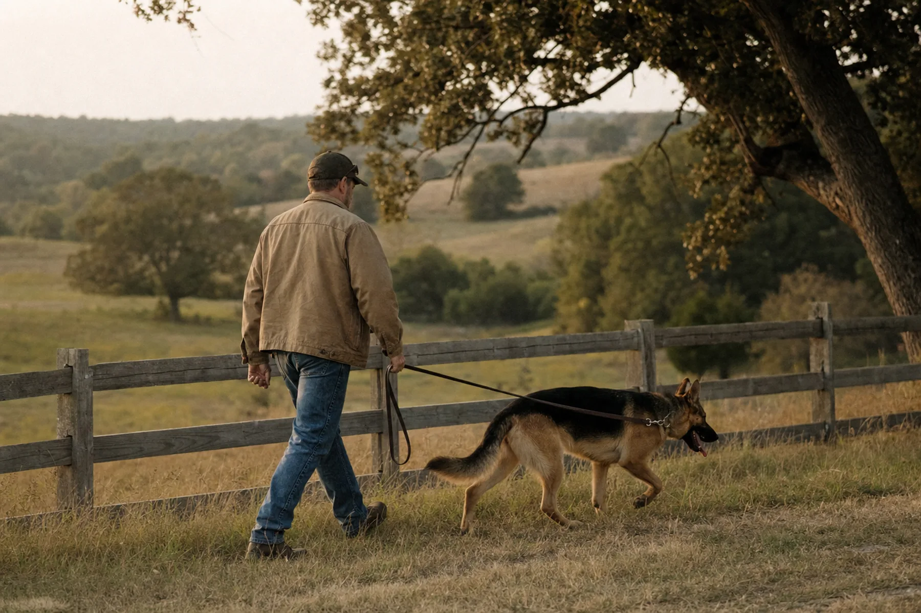A trainer walking a German Shepherd on a loose leash along a fence line in Middle Tennessee farmland at golden hour.