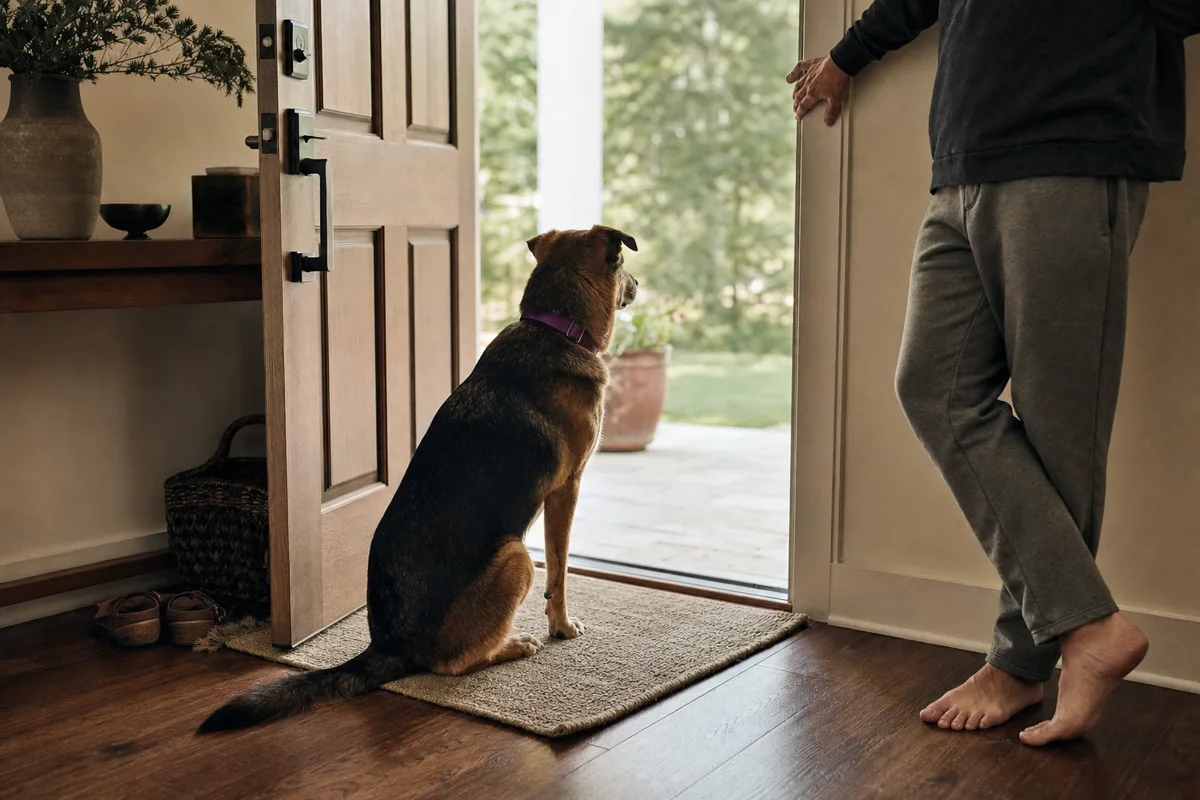 A medium-sized dog holding a sit at an open front door while its owner stands nearby.