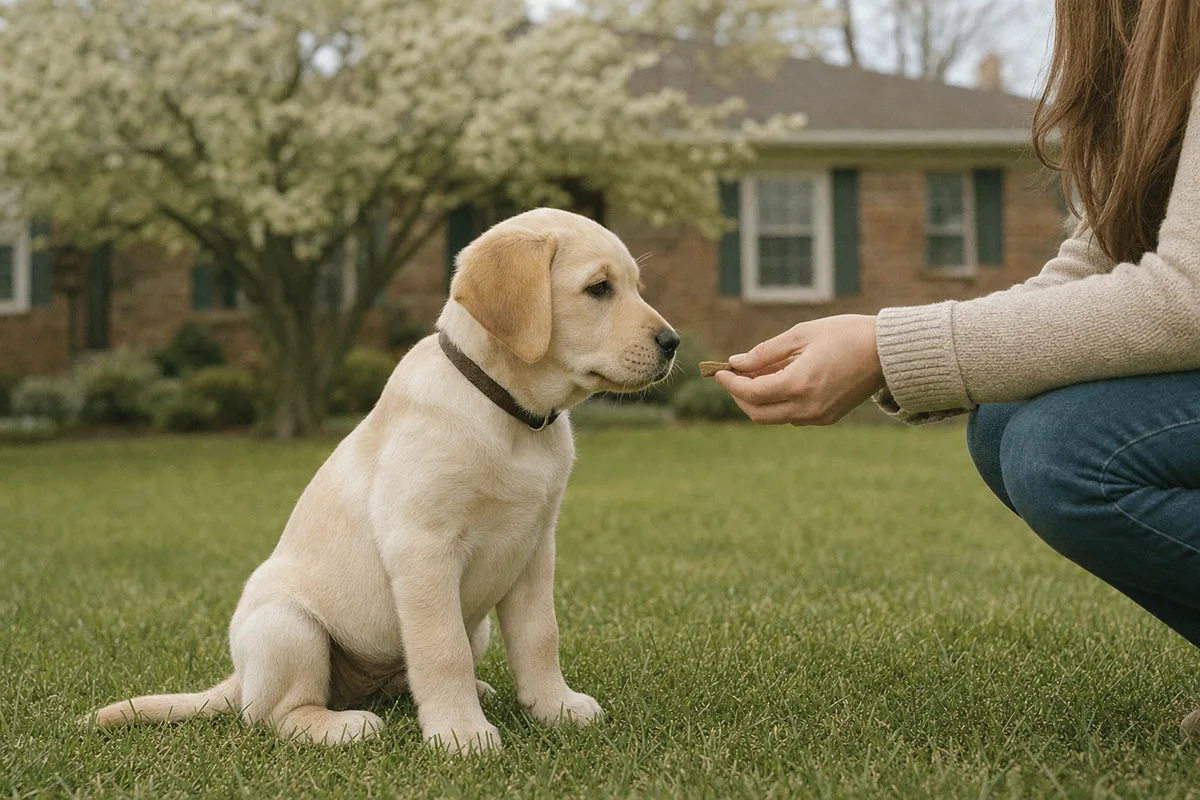 A yellow Labrador puppy sitting attentively on a front lawn while its owner offers a treat.