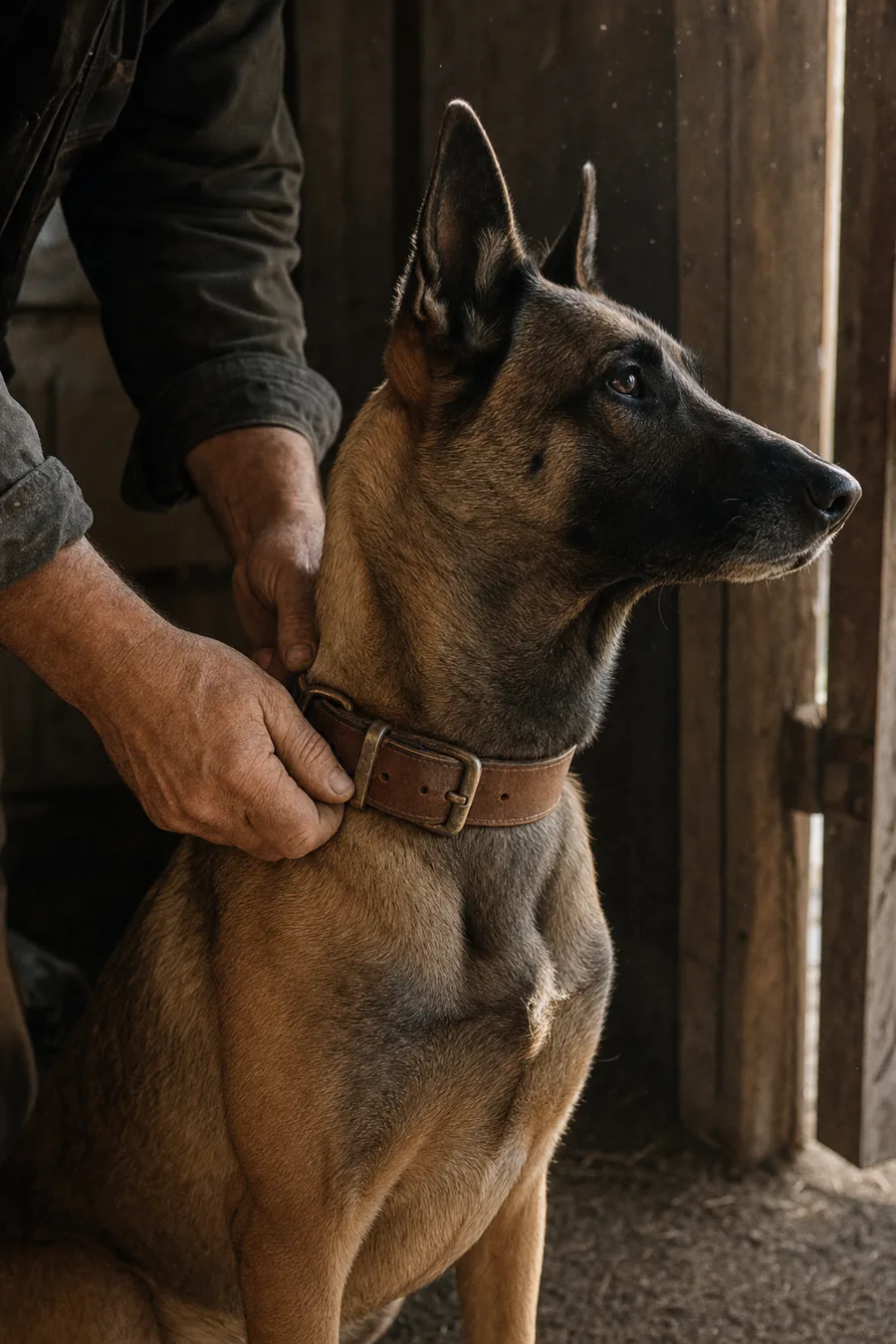 A trainer&rsquo;s hands adjusting a leather collar on an attentive Belgian Malinois in a barn doorway.